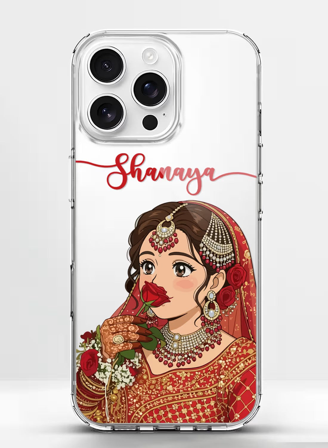 Clear silicone phone case with an Indian bride portrait holding a rose and customizable name space, shock-absorbent design.