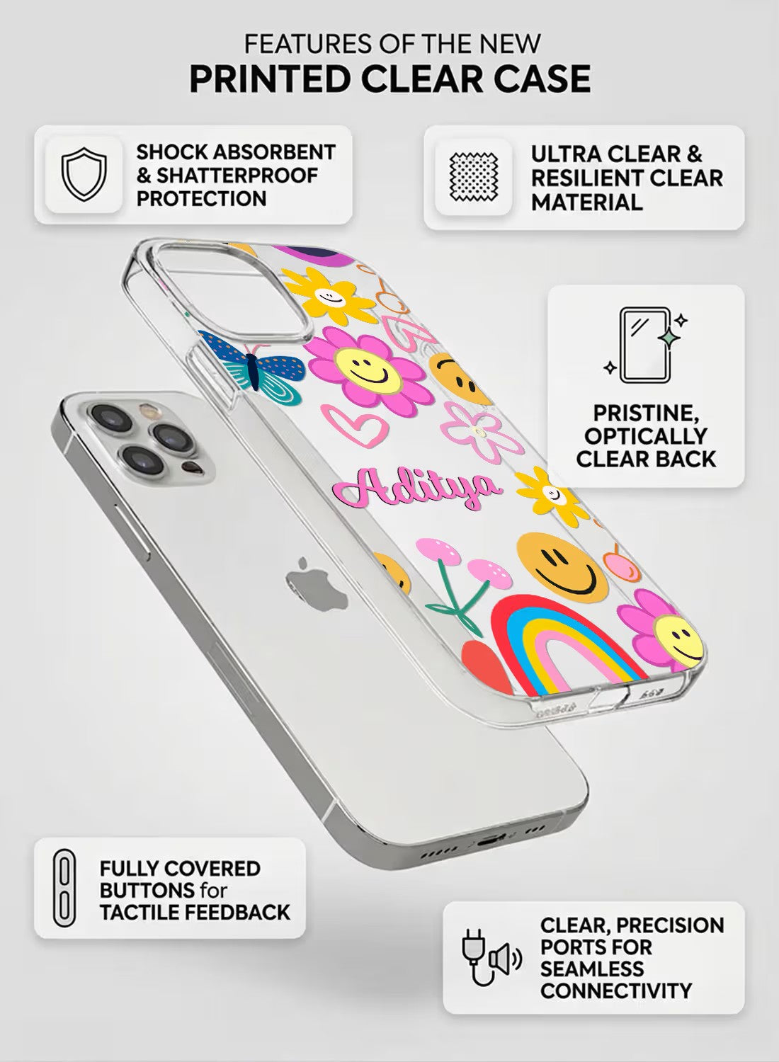 A clear phone case featuring a colorful pattern of smiley faces, flowers, and rainbows with a customizable name section.