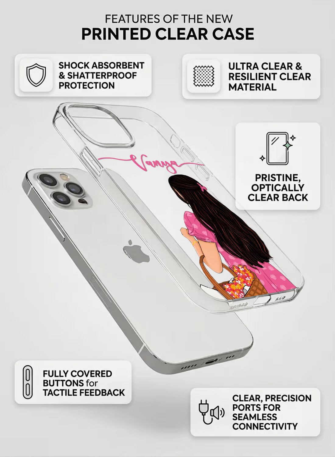 Personalized aesthetic girl holding flower basket illustration on a clear silicone shockproof phone back cover.