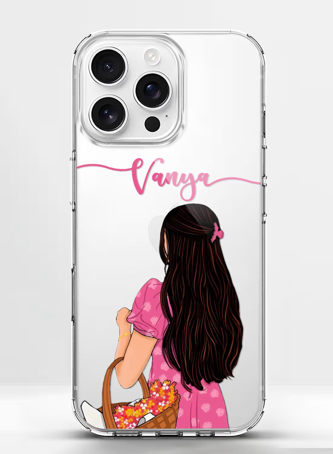 Personalized aesthetic girl holding flower basket illustration on a clear silicone shockproof phone back cover.