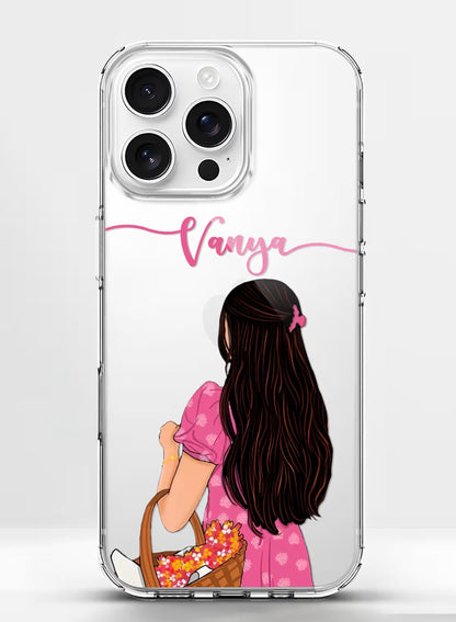 Personalized aesthetic girl holding flower basket illustration on a clear silicone shockproof phone back cover.