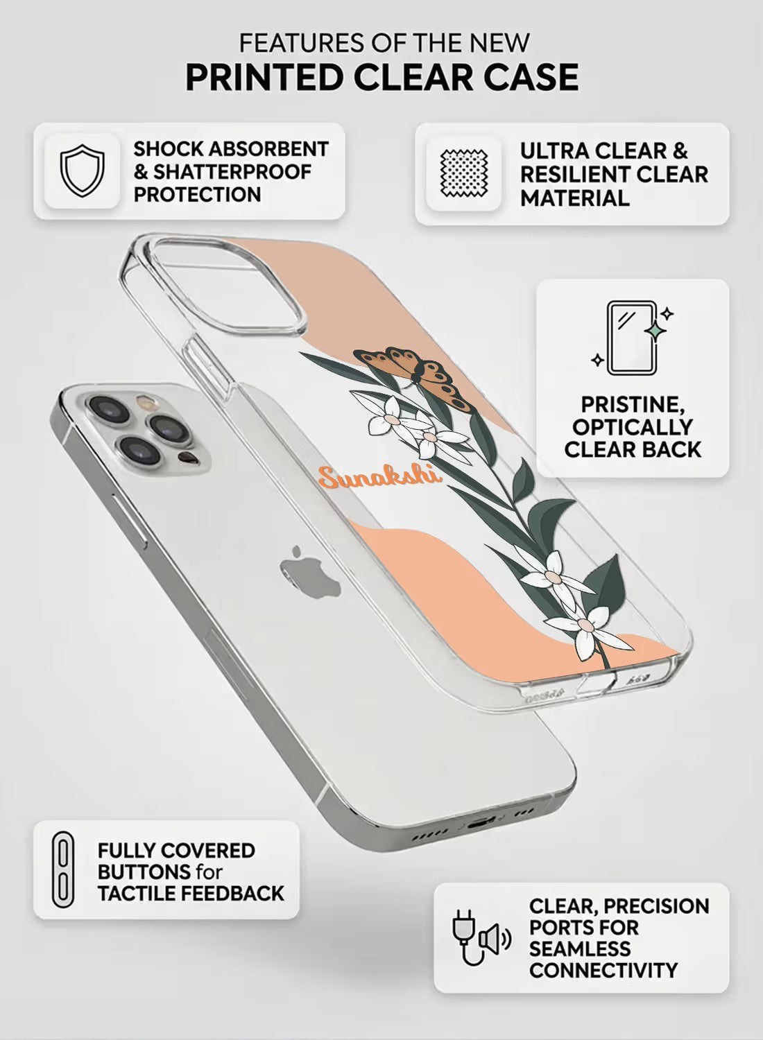 Personalized botanical butterfly and floral clear silicone phone case with custom name text and shock-absorbent design.