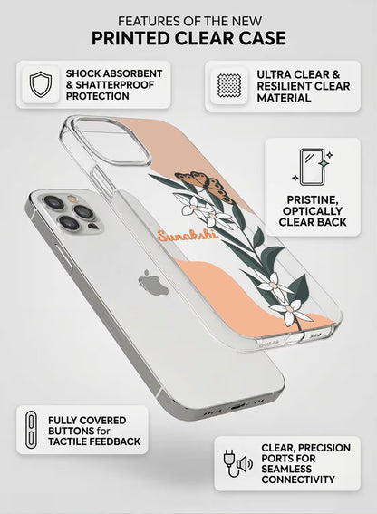 Personalized botanical butterfly and floral clear silicone phone case with custom name text and shock-absorbent design.