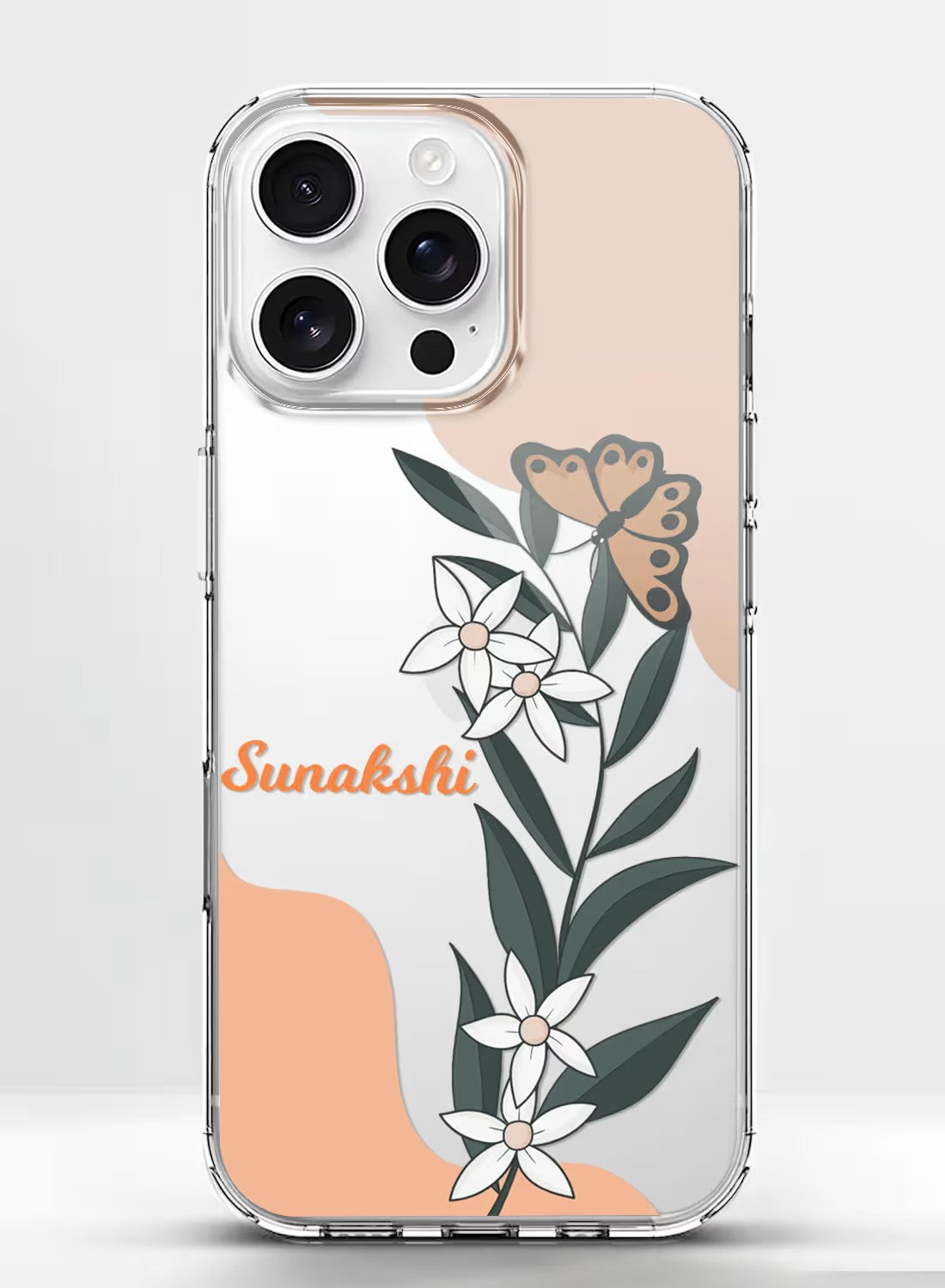 Personalized botanical butterfly and floral clear silicone phone case with custom name text and shock-absorbent design.