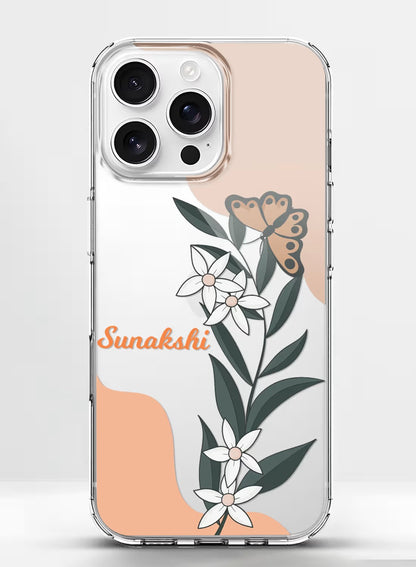 Personalized botanical butterfly and floral clear silicone phone case with custom name text and shock-absorbent design.
