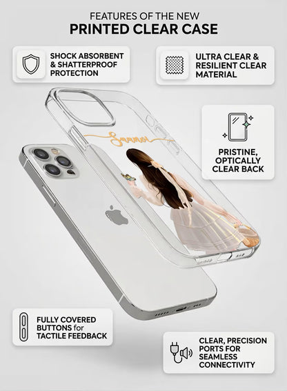 A clear silicone phone case featuring an artistic girl holding a basket and butterfly, customizable with a name.