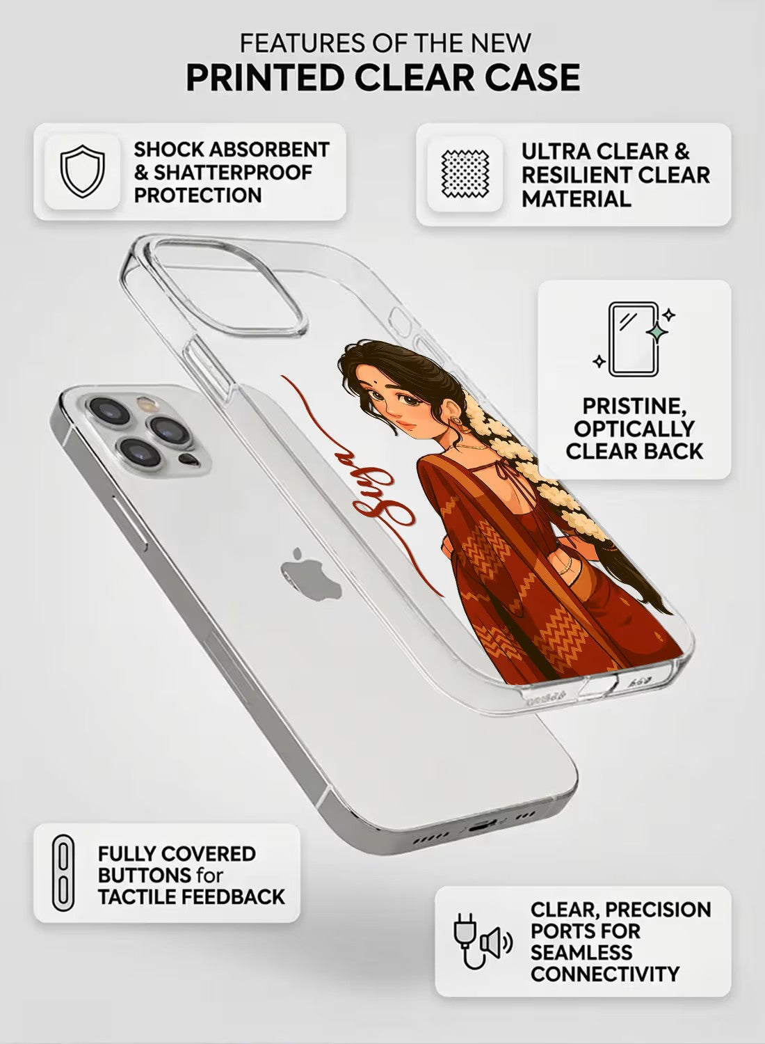 Clear silicone phone case featuring an artistic portrait of a girl in a traditional saree and jasmine flowers with custom text.
