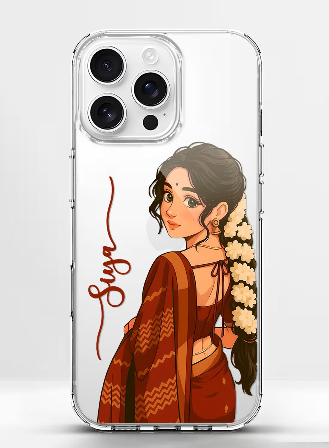 Clear silicone phone case featuring an artistic portrait of a girl in a traditional saree and jasmine flowers with custom text.