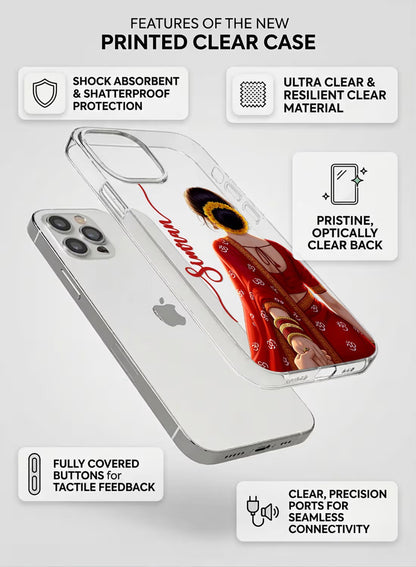 Personalized clear phone case featuring a woman in a traditional red saree with Om symbols and floral bun hairstyle.