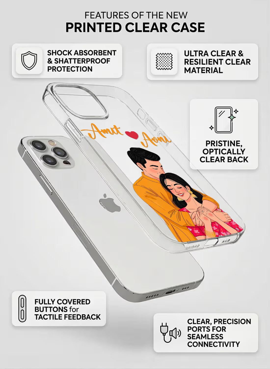 Personalized couple portrait clear silicone phone case featuring romantic ethnic illustration and custom name text.