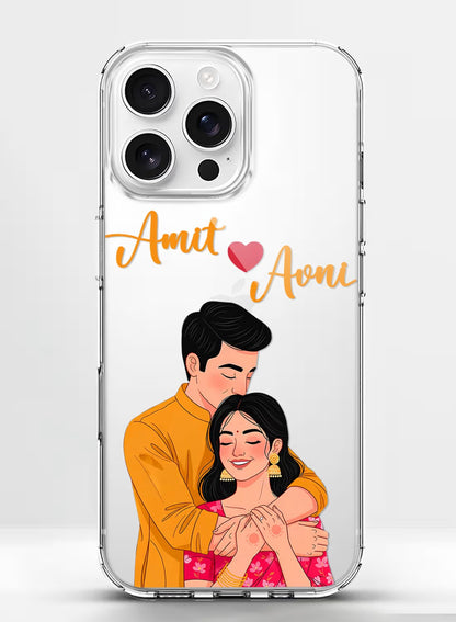 Personalized couple portrait clear silicone phone case featuring romantic ethnic illustration and custom name text.