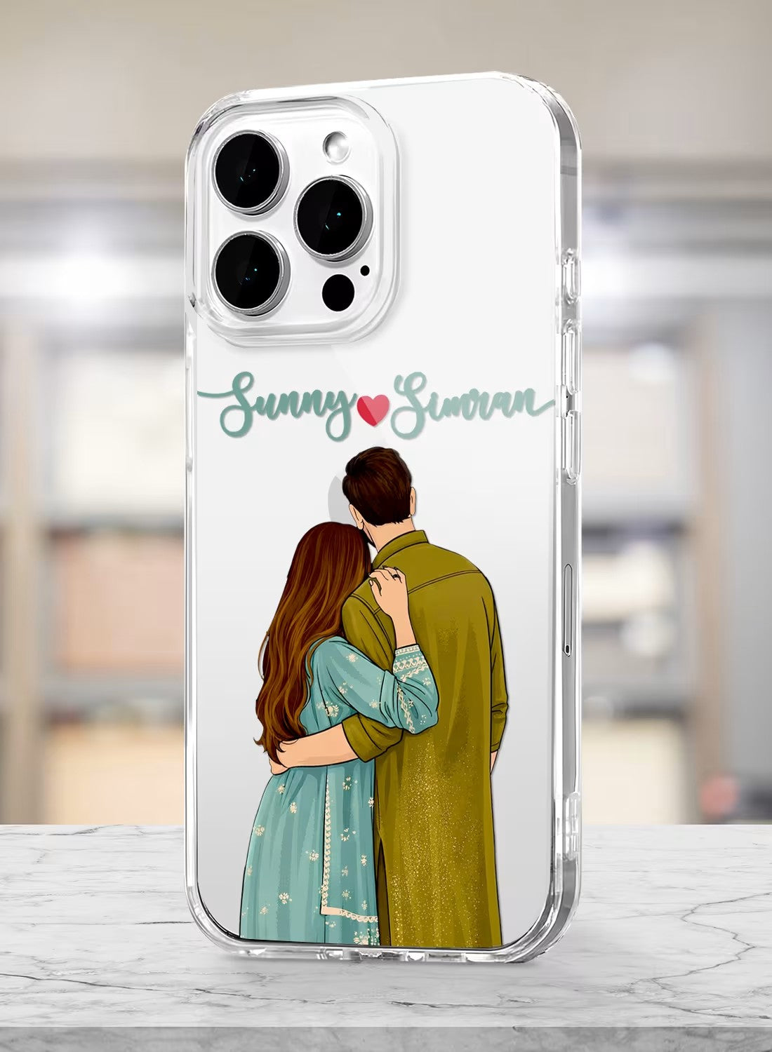 Custom couple hug portrait aesthetic clear silicone phone cover with personalized name text option.