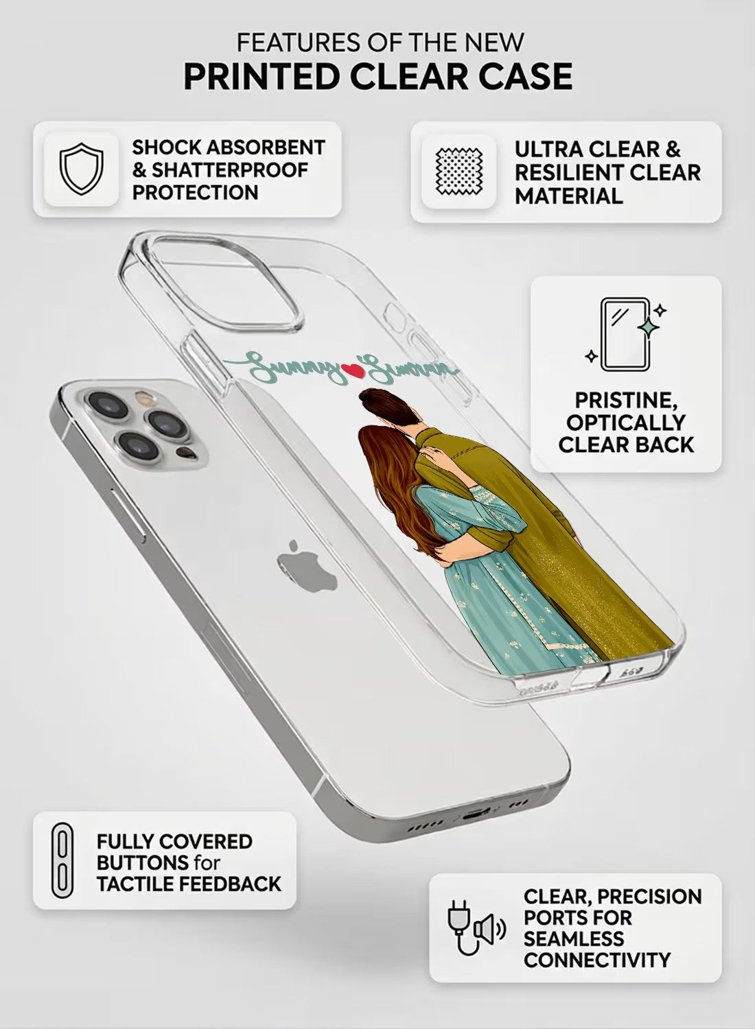 Custom couple hug portrait aesthetic clear silicone phone cover with personalized name text option.