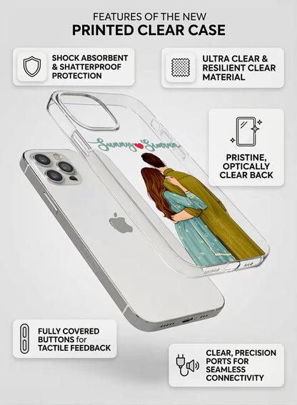 Custom couple hug portrait aesthetic clear silicone phone cover with personalized name text option.