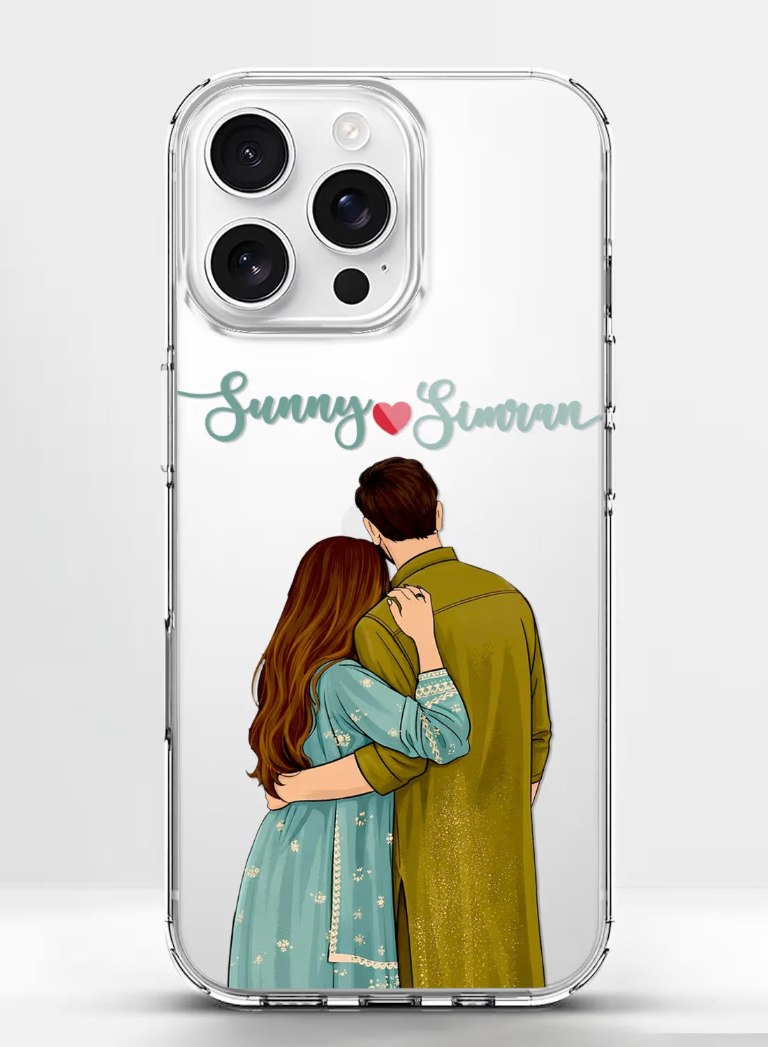 Custom couple hug portrait aesthetic clear silicone phone cover with personalized name text option.