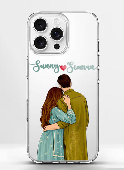 Custom couple hug portrait aesthetic clear silicone phone cover with personalized name text option.