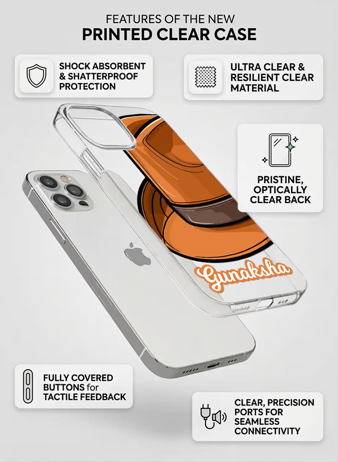 Clear silicone phone case featuring a stylish fedora hat graphic with customizable name space for personalized gift ideas.