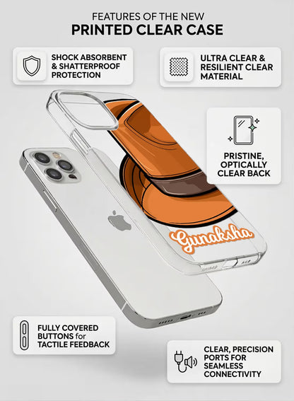 Clear silicone phone case featuring a stylish fedora hat graphic with customizable name space for personalized gift ideas.