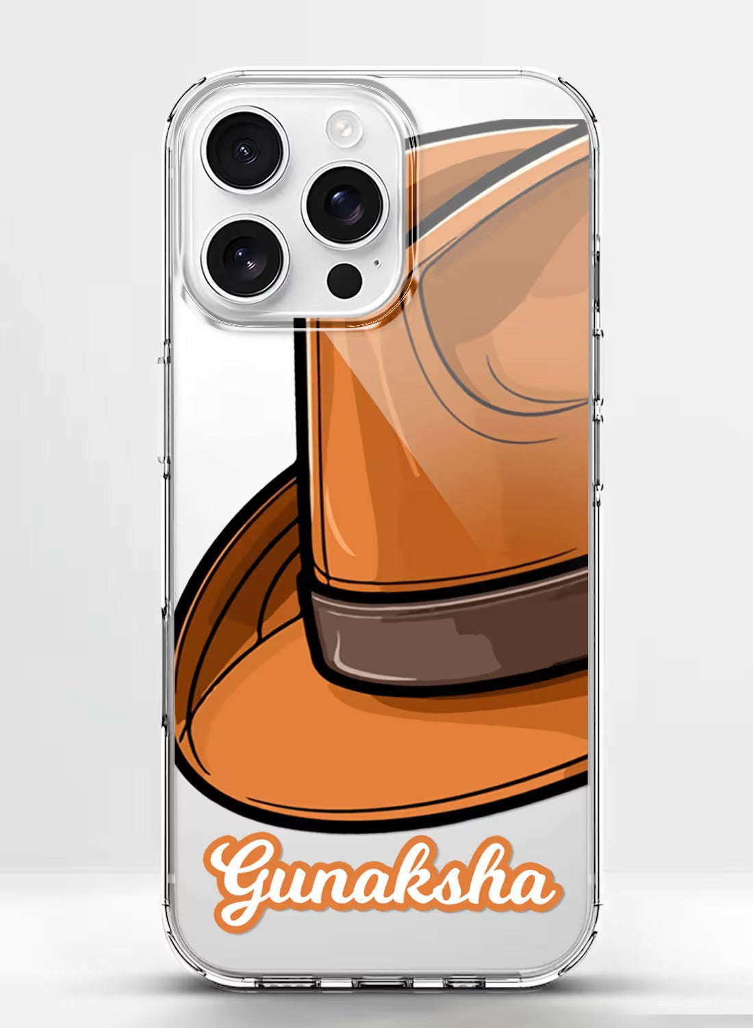 Clear silicone phone case featuring a stylish fedora hat graphic with customizable name space for personalized gift ideas.