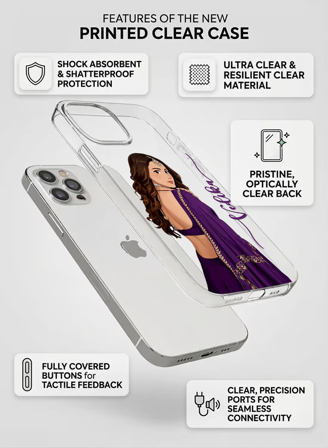 A sleek clear phone case featuring a stylish artistic portrait of a woman in a purple ethnic dress with custom name text.