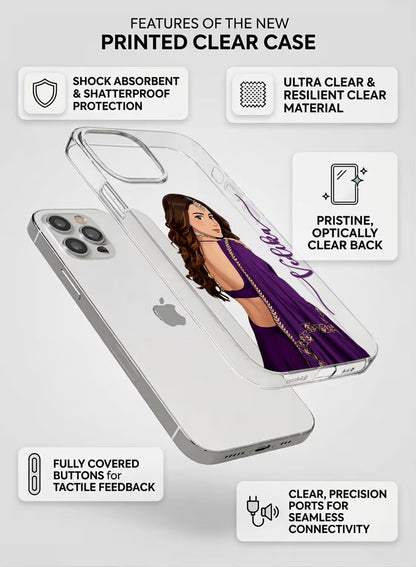 A sleek clear phone case featuring a stylish artistic portrait of a woman in a purple ethnic dress with custom name text.