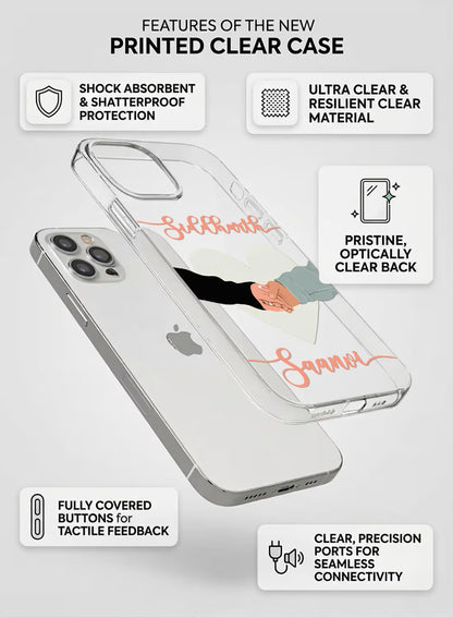 Personalized clear phone case with a romantic couple holding hands illustration and custom name typography.