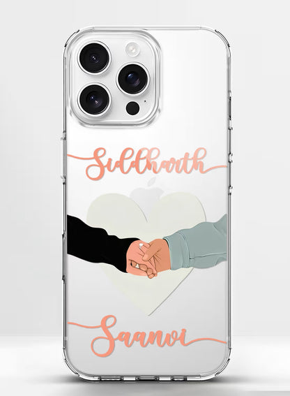 Personalized clear phone case with a romantic couple holding hands illustration and custom name typography.