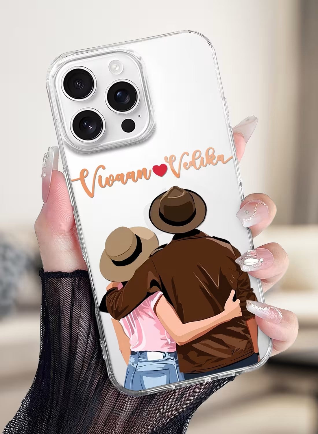 Clear silicone phone case featuring a romantic couple in fedora hats with custom name printing for couples.