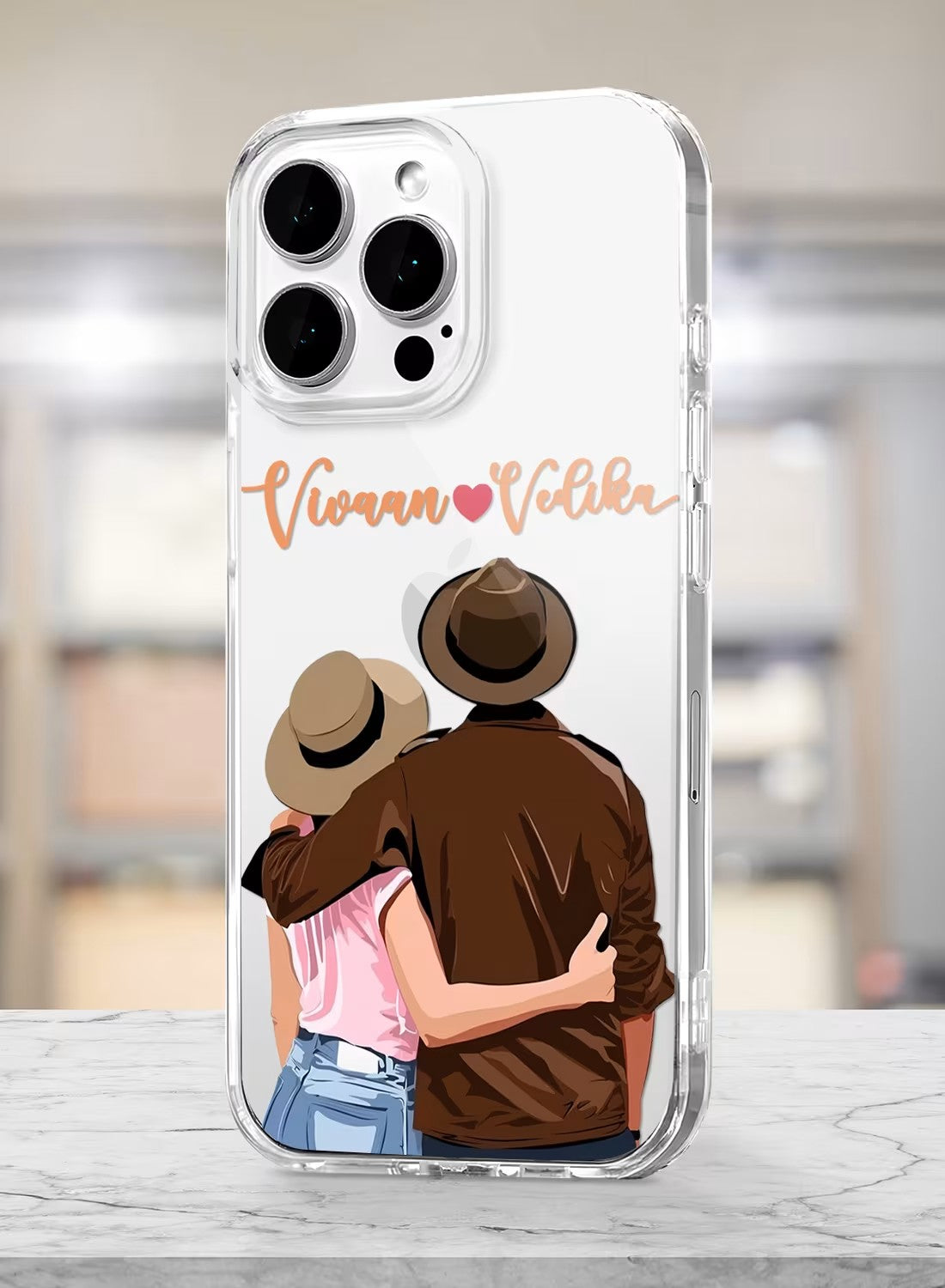 Clear silicone phone case featuring a romantic couple in fedora hats with custom name printing for couples.