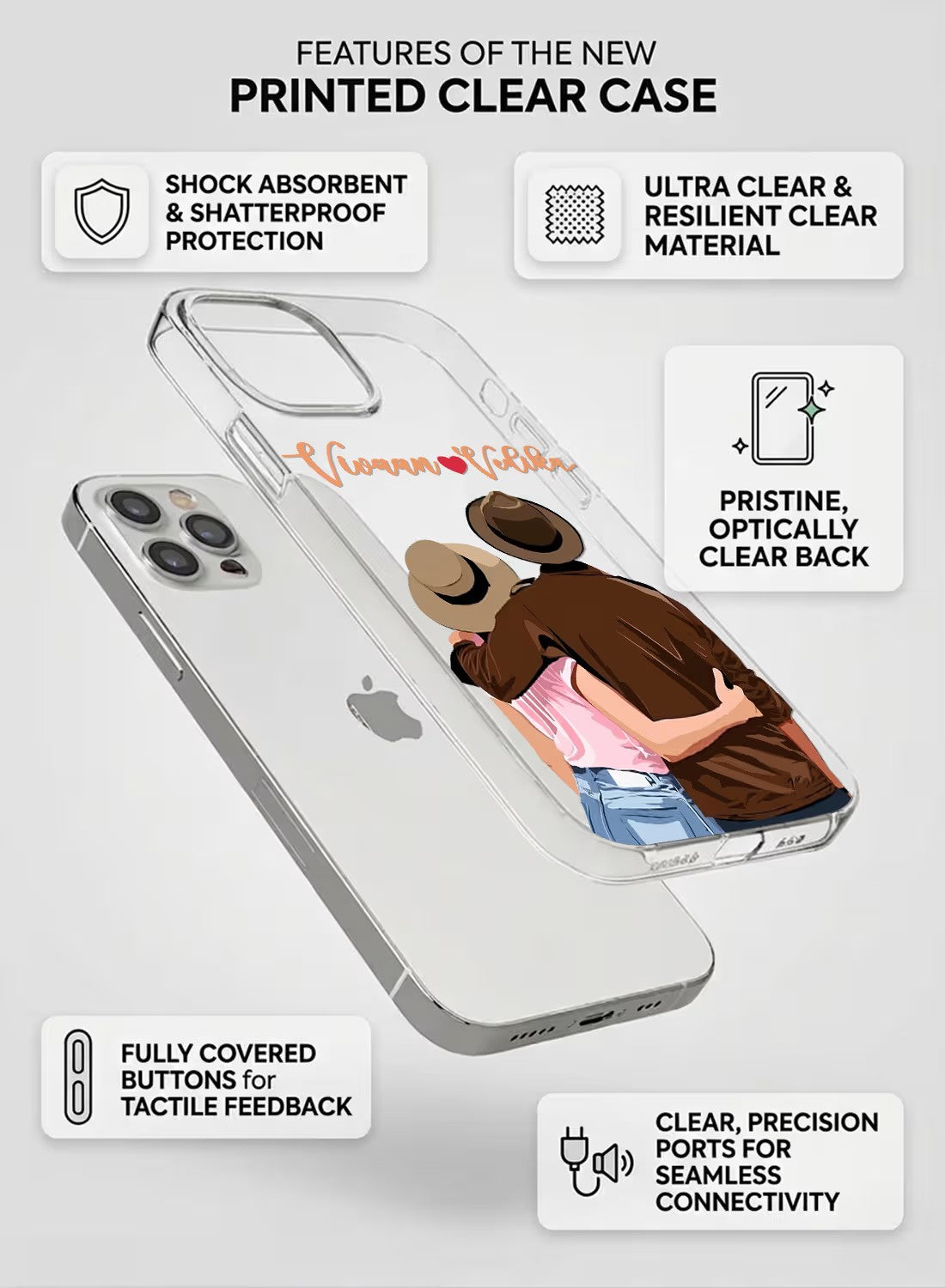 Clear silicone phone case featuring a romantic couple in fedora hats with custom name printing for couples.