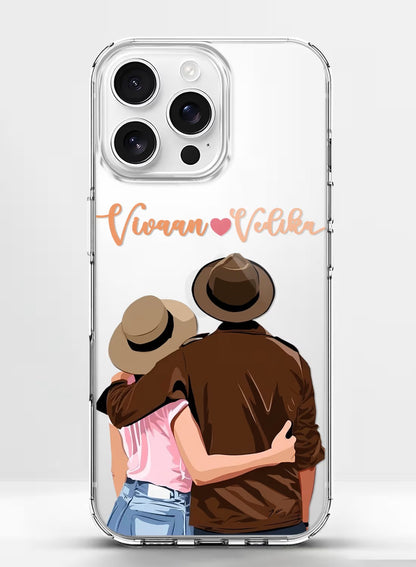 Clear silicone phone case featuring a romantic couple in fedora hats with custom name printing for couples.