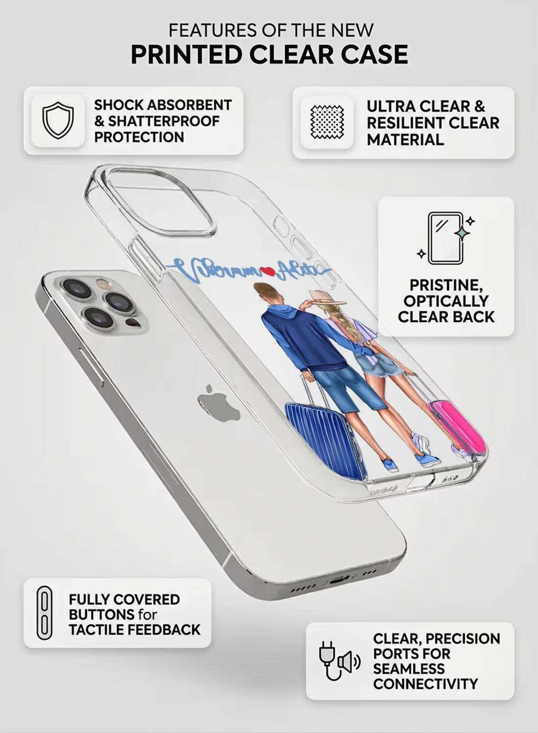 Personalized clear phone case featuring a traveling couple with suitcases and custom name option, UV printed design.