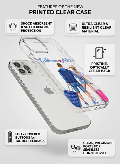 Personalized clear phone case featuring a traveling couple with suitcases and custom name option, UV printed design.