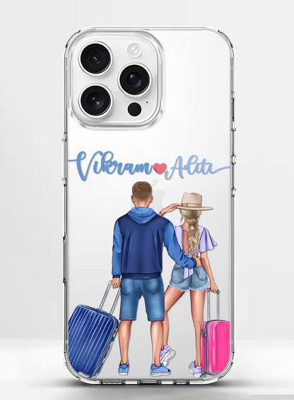 Personalized clear phone case featuring a traveling couple with suitcases and custom name option, UV printed design.
