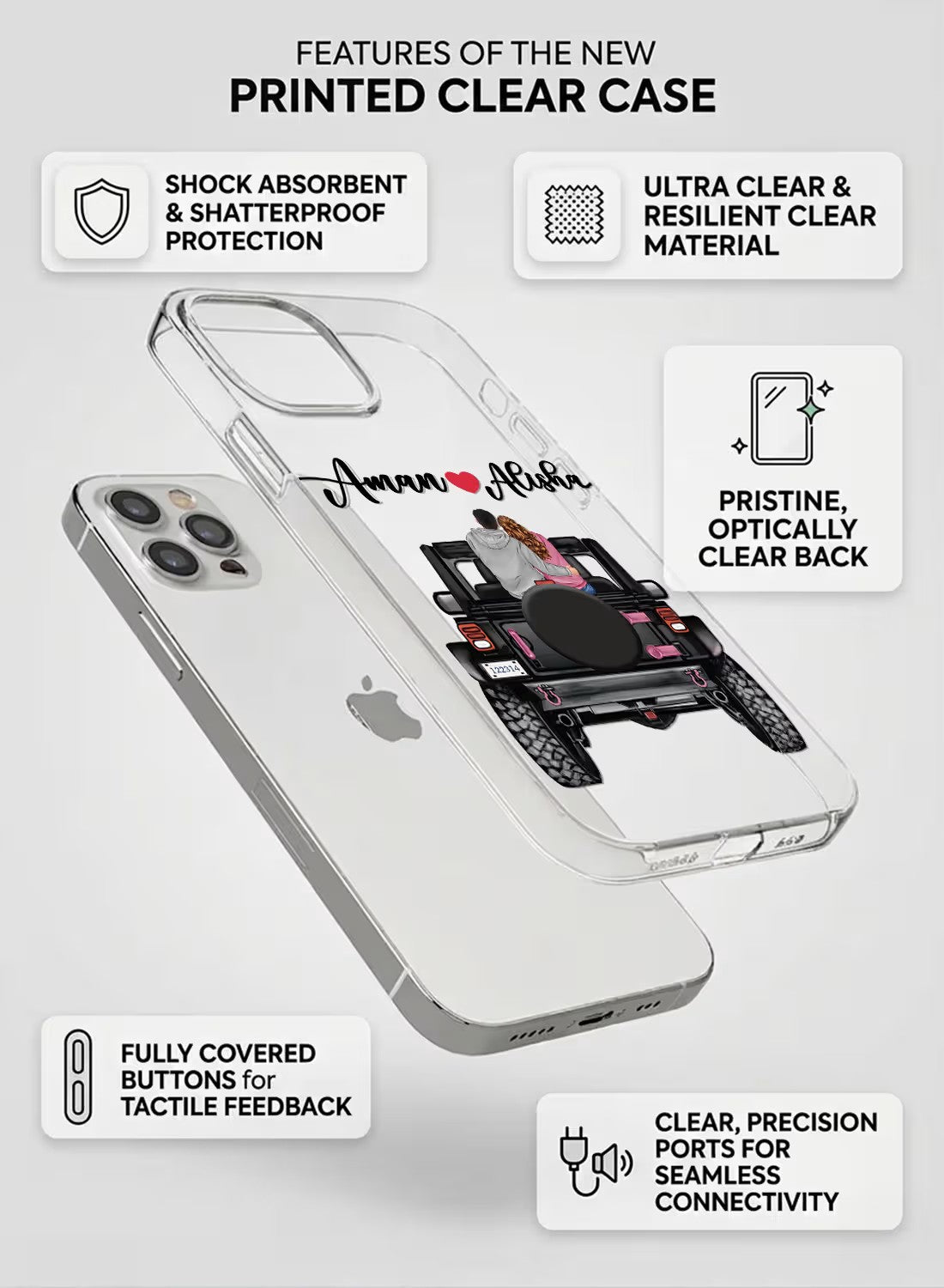 Personalized clear phone case featuring a romantic couple sitting in a jeep with custom text space for mobile protection.