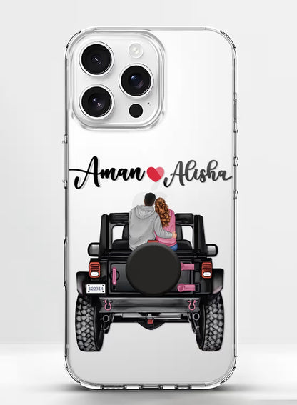 Personalized clear phone case featuring a romantic couple sitting in a jeep with custom text space for mobile protection.
