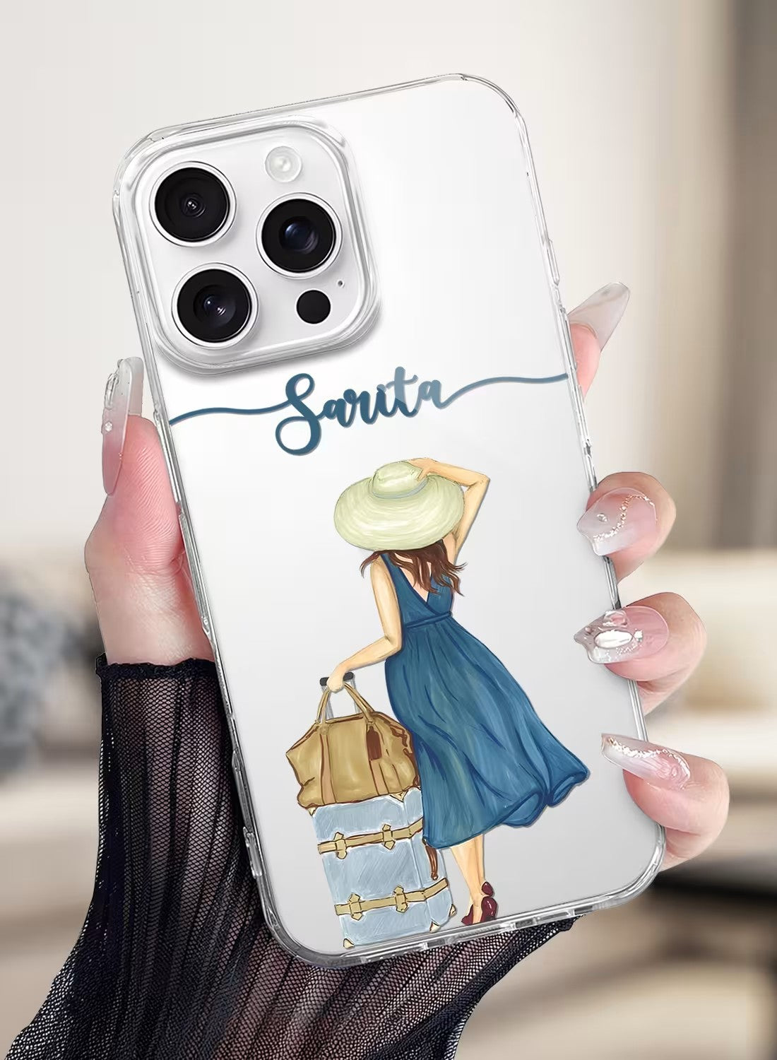 Personalized clear phone case featuring a stylish girl with a sun hat and travel suitcase, custom name option available.