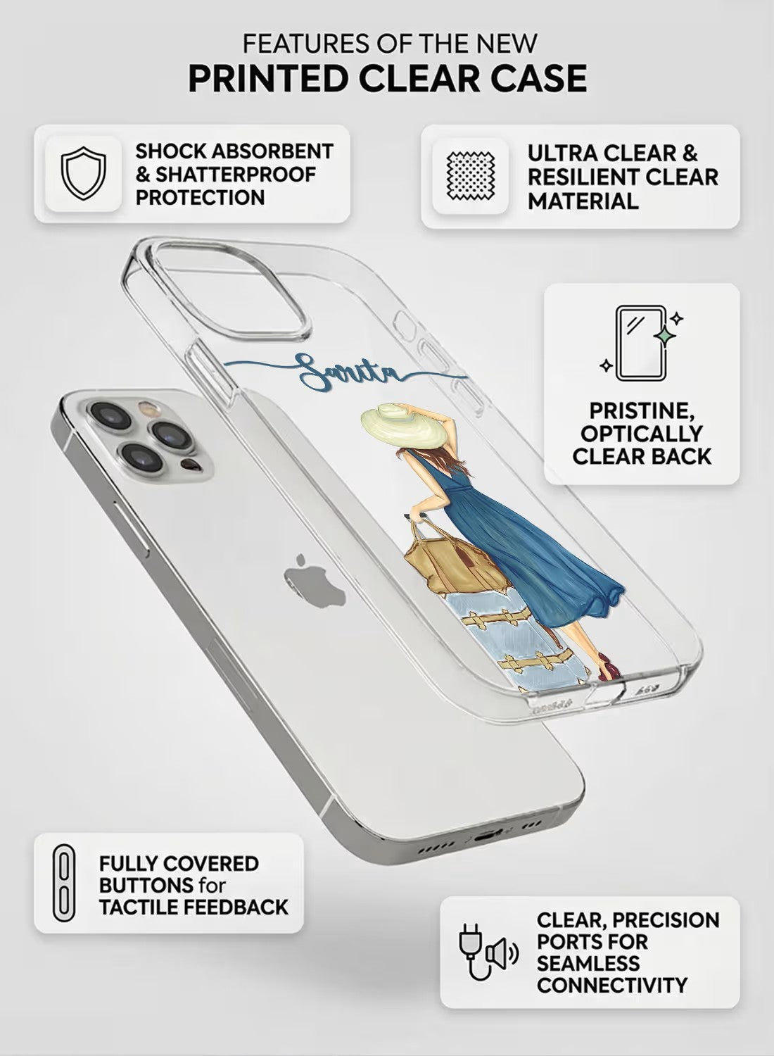 Personalized clear phone case featuring a stylish girl with a sun hat and travel suitcase, custom name option available.