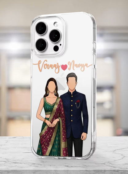 Custom Indian ethnic couple portrait design printed on a transparent silicone shockproof phone case for all iPhone models.