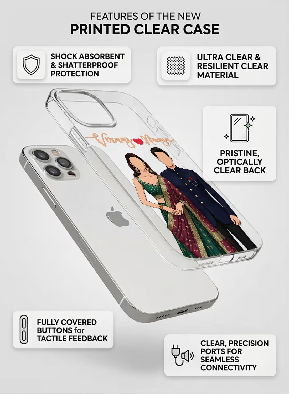 Custom Indian ethnic couple portrait design printed on a transparent silicone shockproof phone case for all iPhone models.