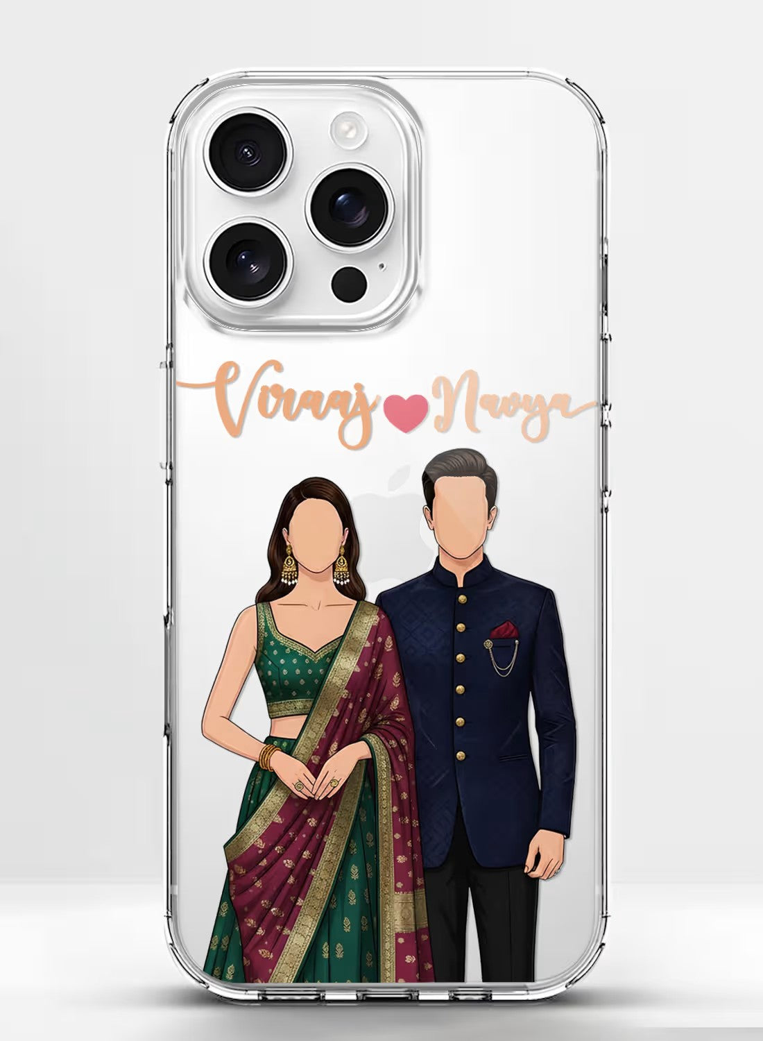 Custom Indian ethnic couple portrait design printed on a transparent silicone shockproof phone case for all iPhone models.