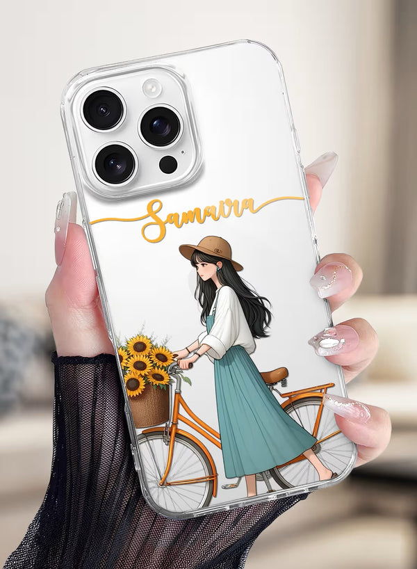 Personalized Girl with Sunflower Bicycle Clear Phone Cover