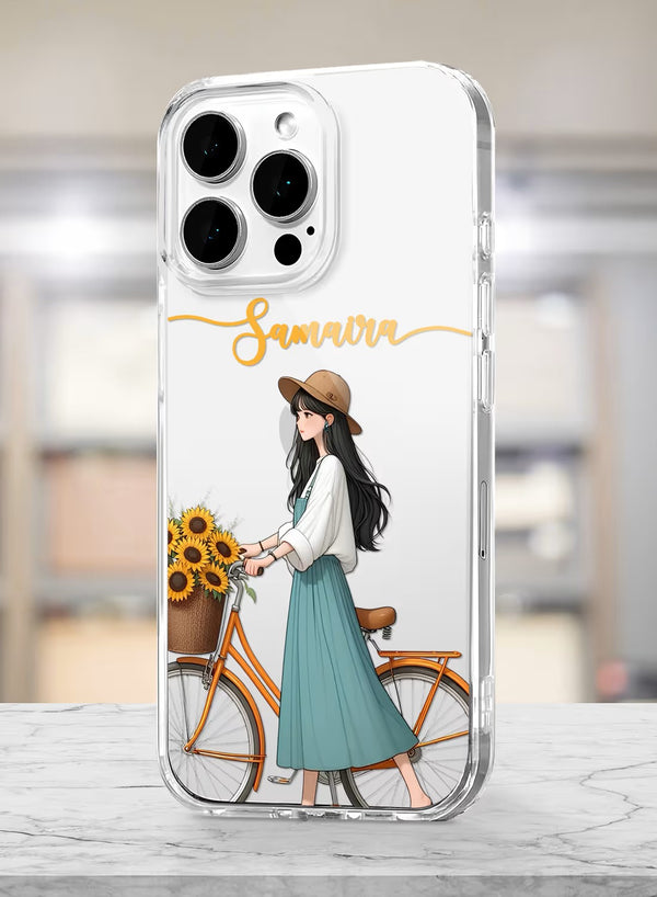 Personalized Girl with Sunflower Bicycle Clear Phone Cover