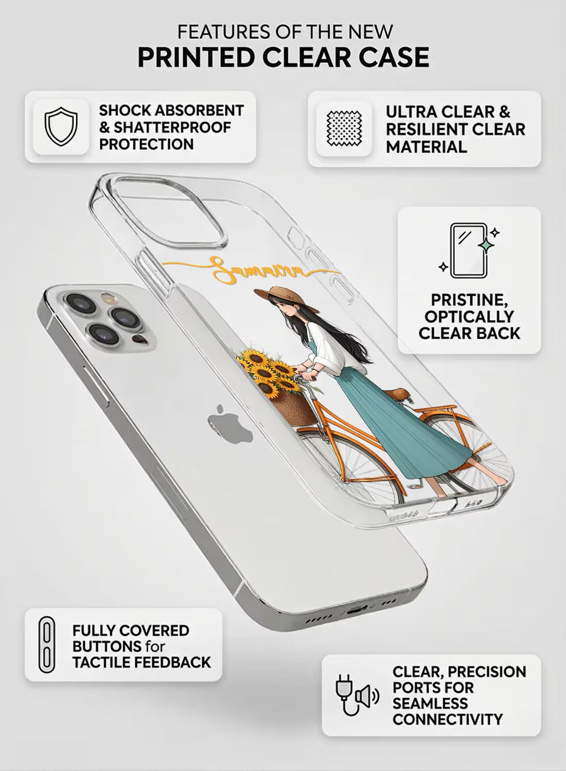 A clear phone case featuring a stylish girl wearing a fedora hat with a sunflower-filled bicycle and custom name text.