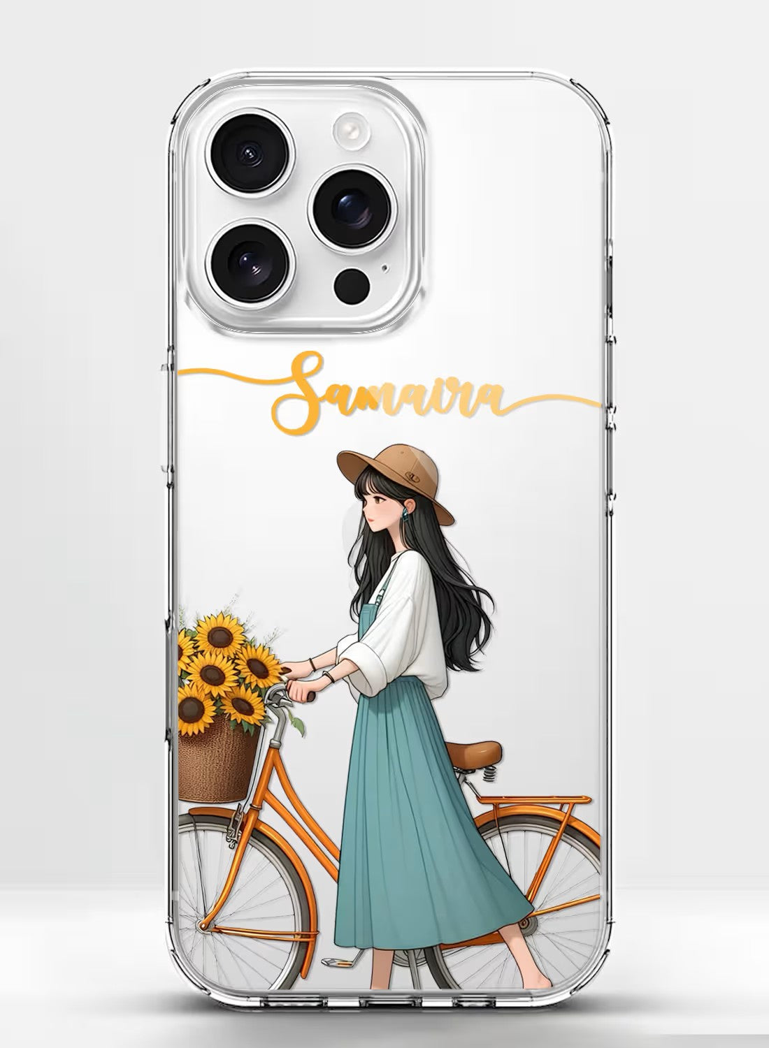 A clear phone case featuring a stylish girl wearing a fedora hat with a sunflower-filled bicycle and custom name text.