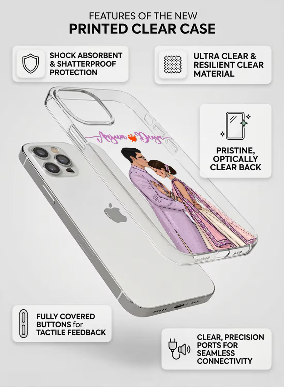 Personalized clear phone case featuring a romantic Indian ethnic couple illustration with custom name text.