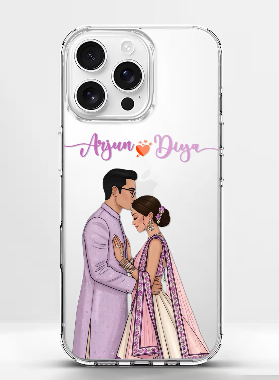 Personalized clear phone case featuring a romantic Indian ethnic couple illustration with custom name text.