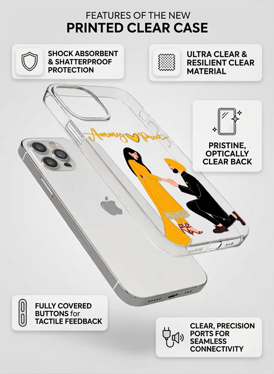 Personalized Indian couple proposal design on a transparent shockproof silicone phone cover for mobile protection.