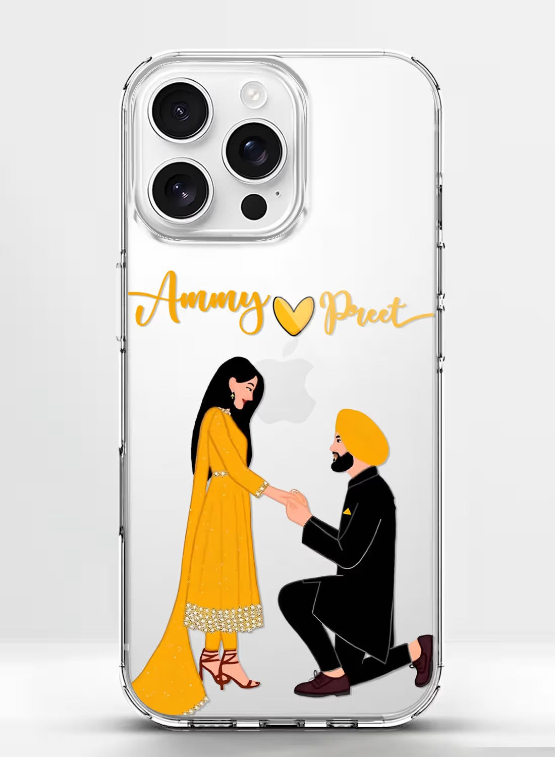 Personalized Indian couple proposal design on a transparent shockproof silicone phone cover for mobile protection.