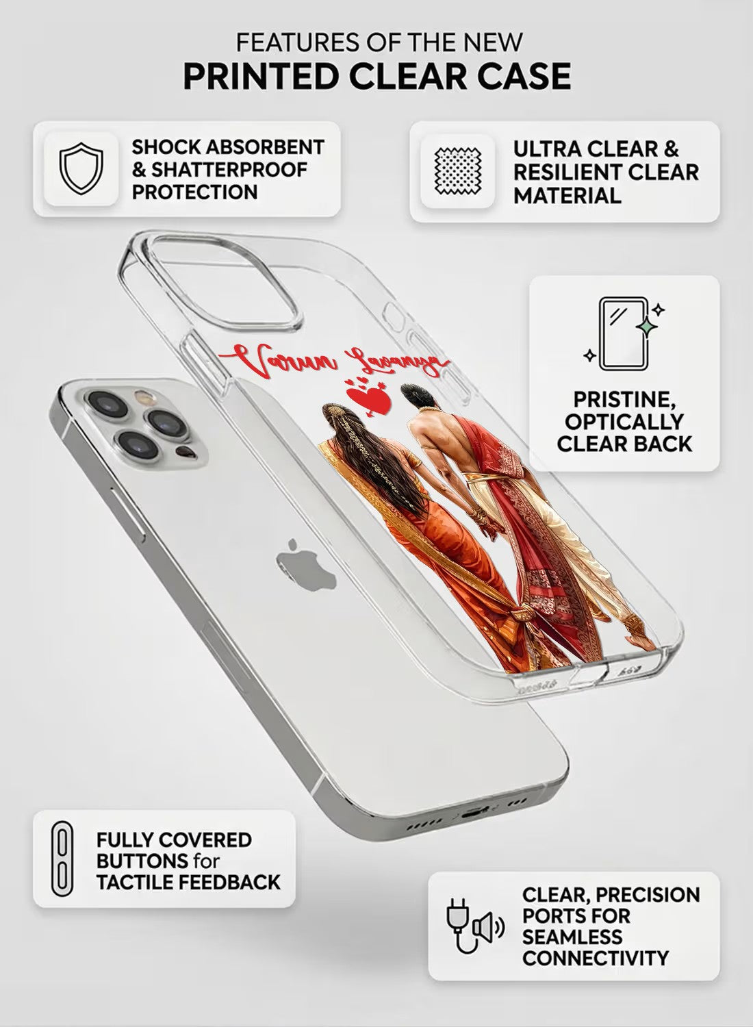 Personalized clear phone case with a traditional Indian ethnic couple back view illustration and space for custom names.